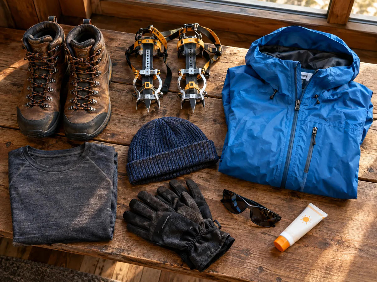 Lederwanderstiefel, Steigeisen, eine blaue wasserdichte Jacke, Merino-Schicht, Mütze, Handschuhe und Sonnenbrille