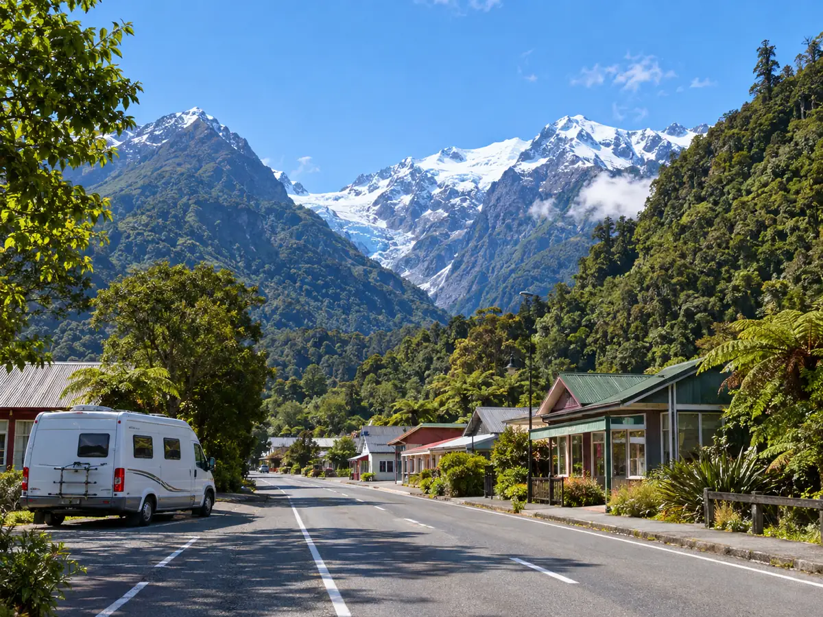 Das Dorf Franz Josef mit Holzhäusern unterhalb von Regenwald und schneebedeckten Bergen